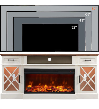 Farmhouse 3-Sided TV Stand with Electric Fireplace for 80" TVs, 70" Entertainment Center with Storage Drawers in Antique White