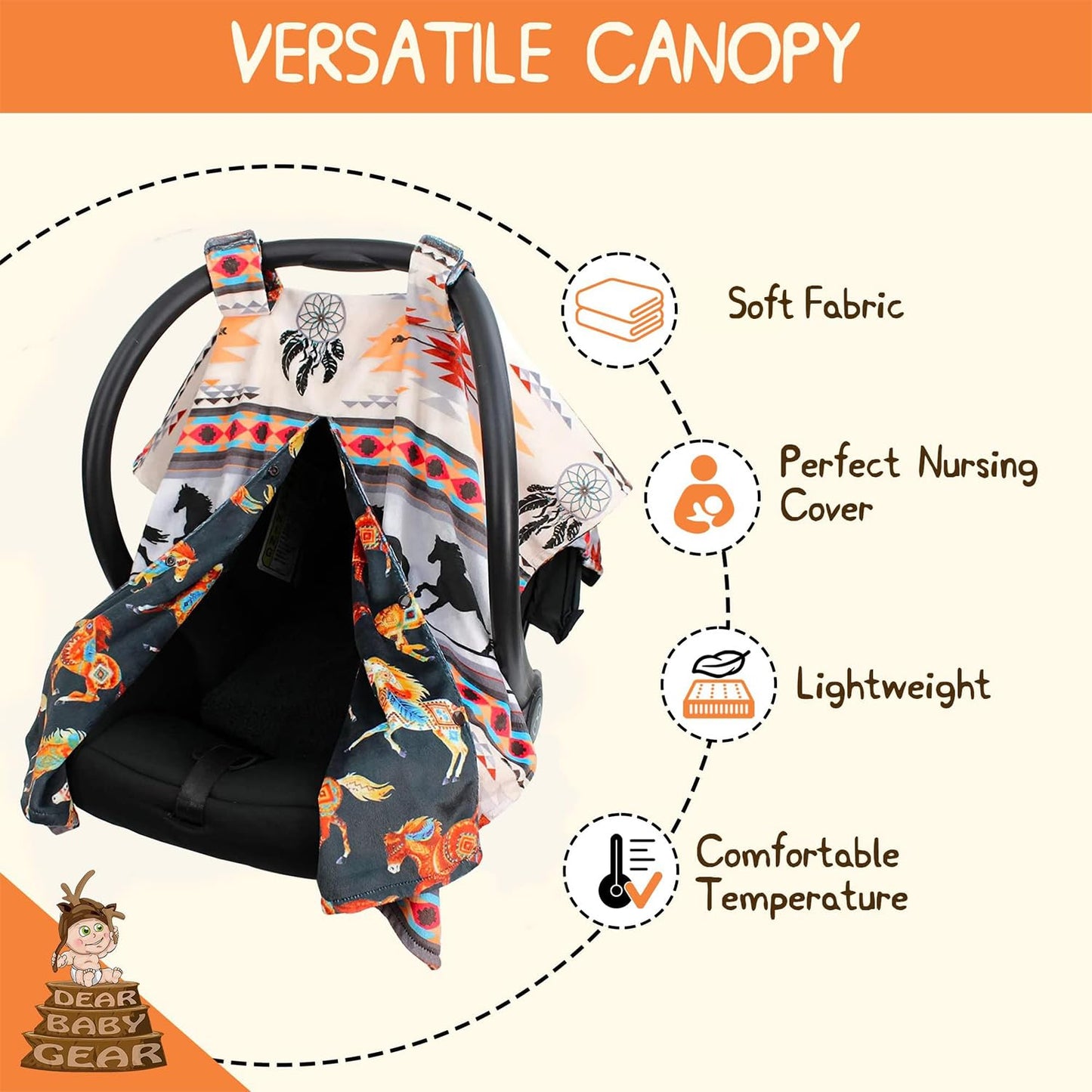 Reversible Infant Car Seat Canopy with Snap Opening (40" x 30") - Southwestern Tribal Horses Design for Boys and Girls