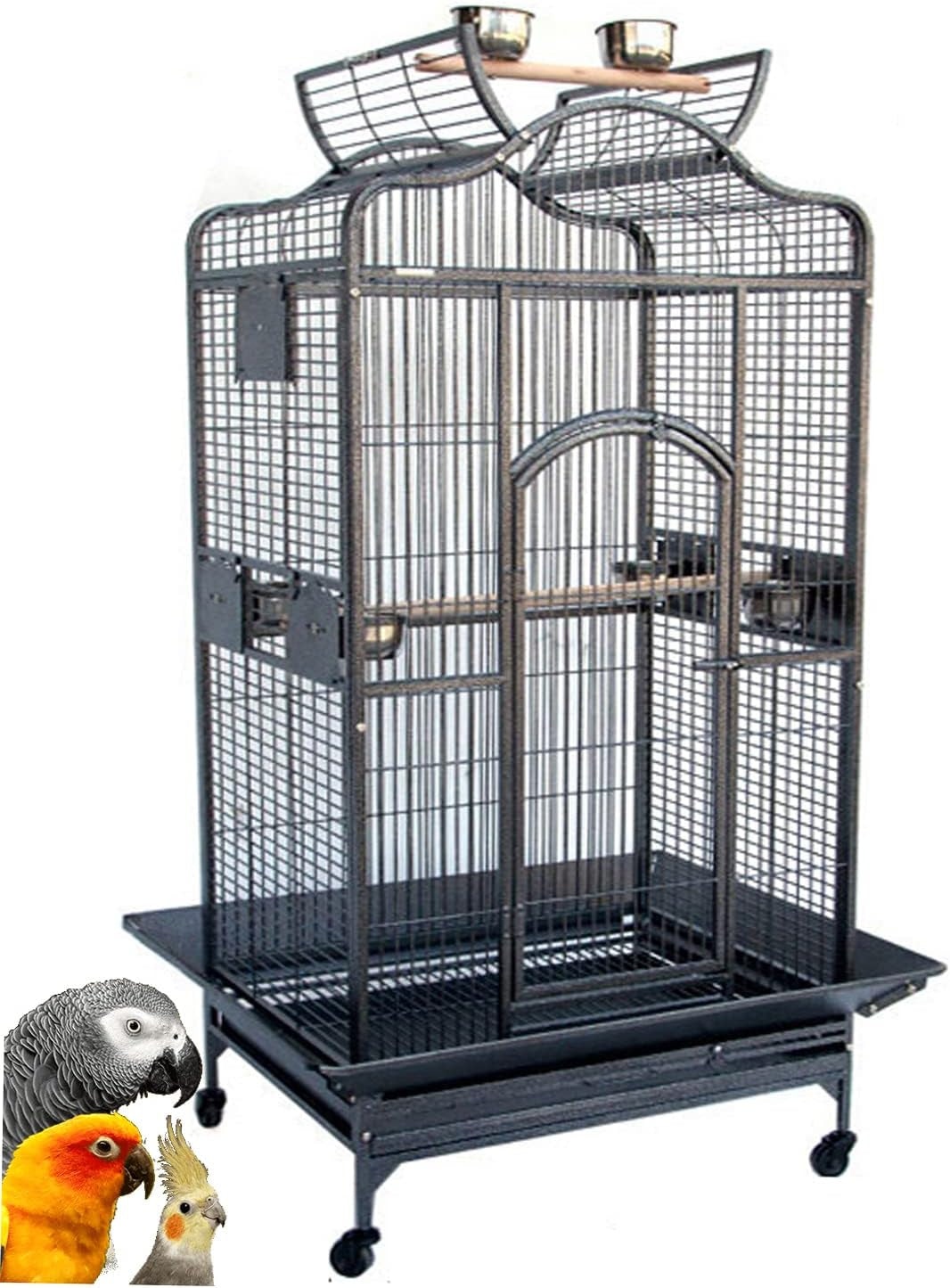 Extra Large Elegant Open Dome Top with Play Wooden Perch Stand Bird Parrot Cage for Macaw Cockatoo African Grey (35.25 X 29.5 X 62H Inches, Black Vein)