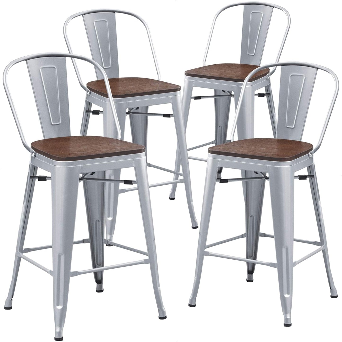 Set of 4 Metal Bar Stools, 24-Inch Counter Height with Backs, Farmhouse Design, Larger Seat, High Back Kitchen Dining Chairs, Modern Silver Bar Chairs