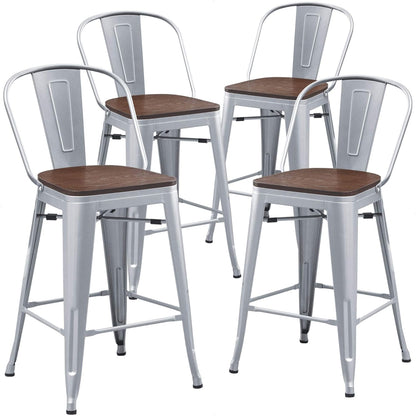 Set of 4 Metal Bar Stools, 24-Inch Counter Height with Backs, Farmhouse Design, Larger Seat, High Back Kitchen Dining Chairs, Modern Silver Bar Chairs