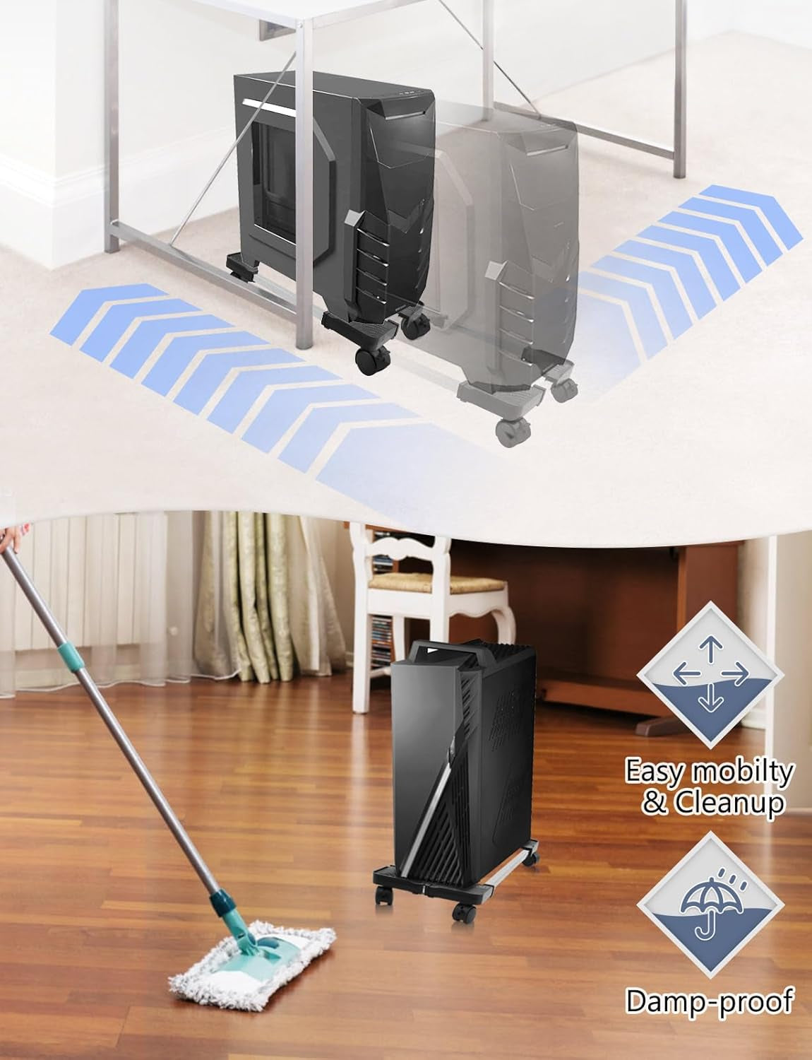 Adjustable Mobile CPU Tower Stand with Rolling Wheels for Gaming and Student Desktops