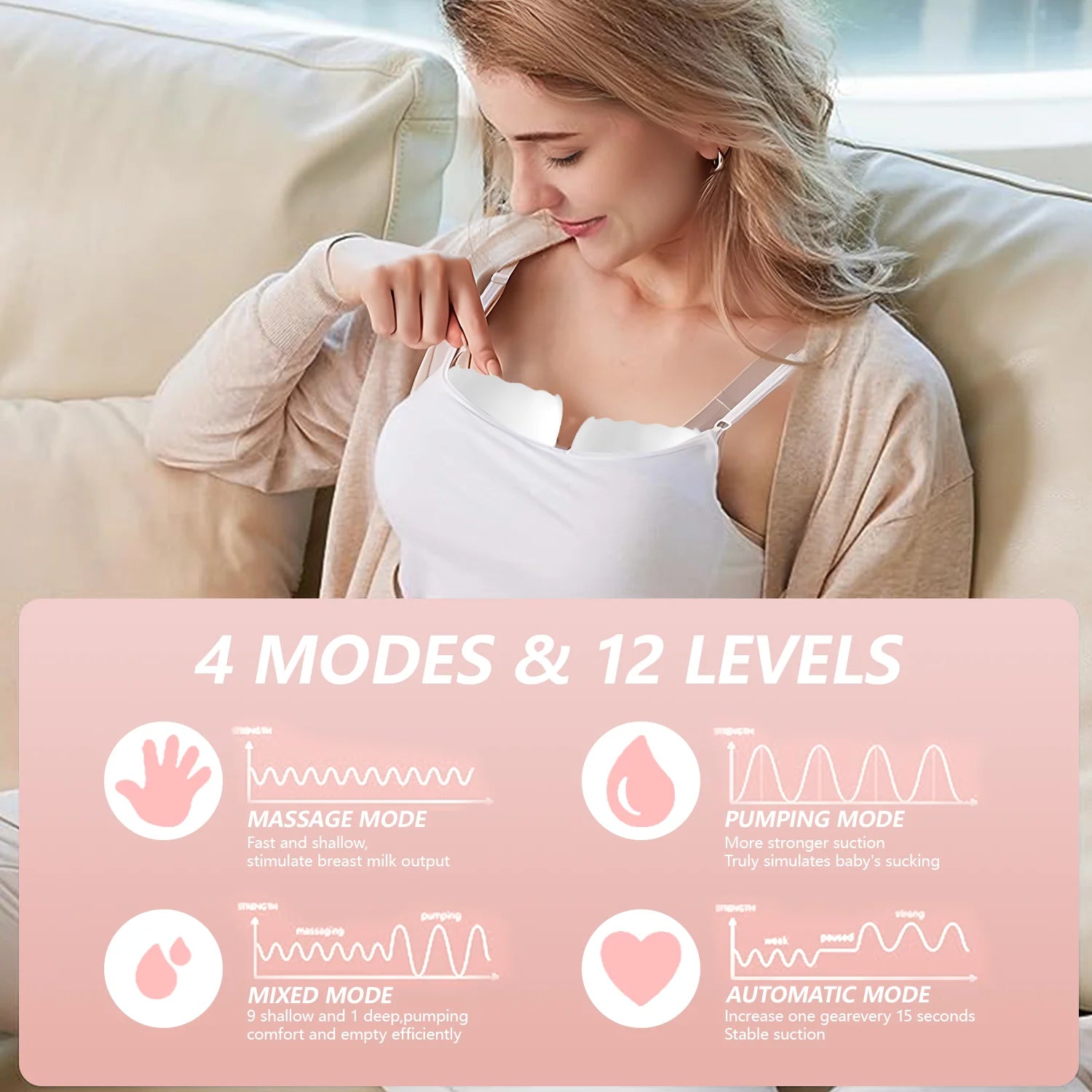 Portable Electric Breast Pump - Hands-Free with 4 Modes and 12 Adjustable Levels, Dual Set in Pink