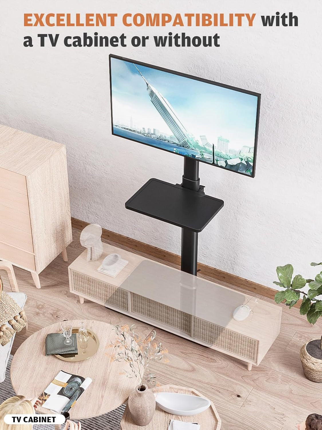 Universal Floor TV Stand with Mount for 19 to 43 Inch Flat Screen TVs, 100-Degree Swivel, Adjustable Height and Tilt, Space-Saving Design with Two Shelves for Bedroom and Living Room Corners