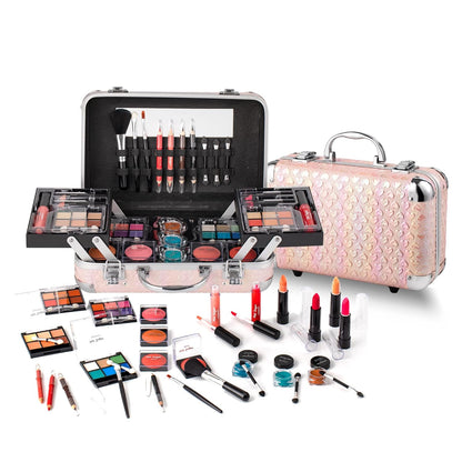 All in One Makeup Set for Teen Girls - Full Makeup Kit for Beginners with Eye Shadow Palette, Blush, Lip Gloss, Brush, Mirror (Pink Heart)