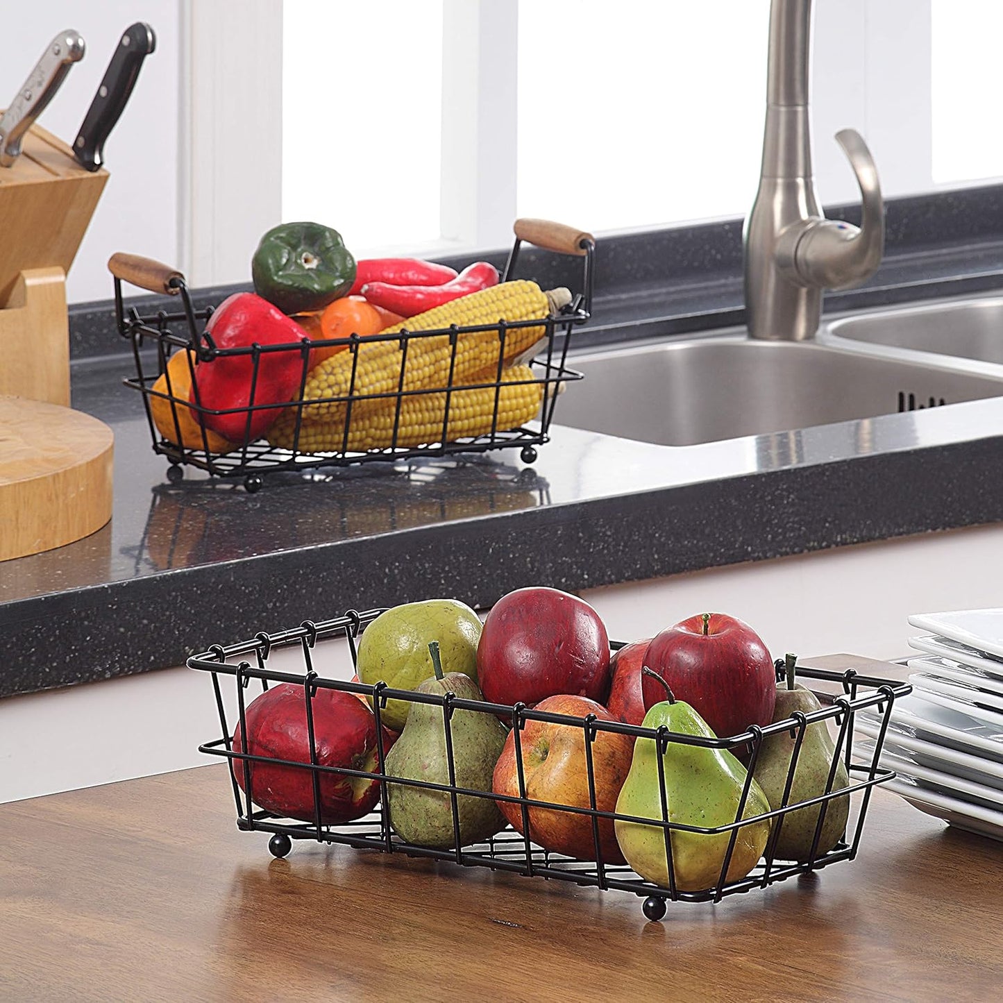2-Tier Rectangle Countertop Fruit, Bread Wire Basket (Black, Metal)