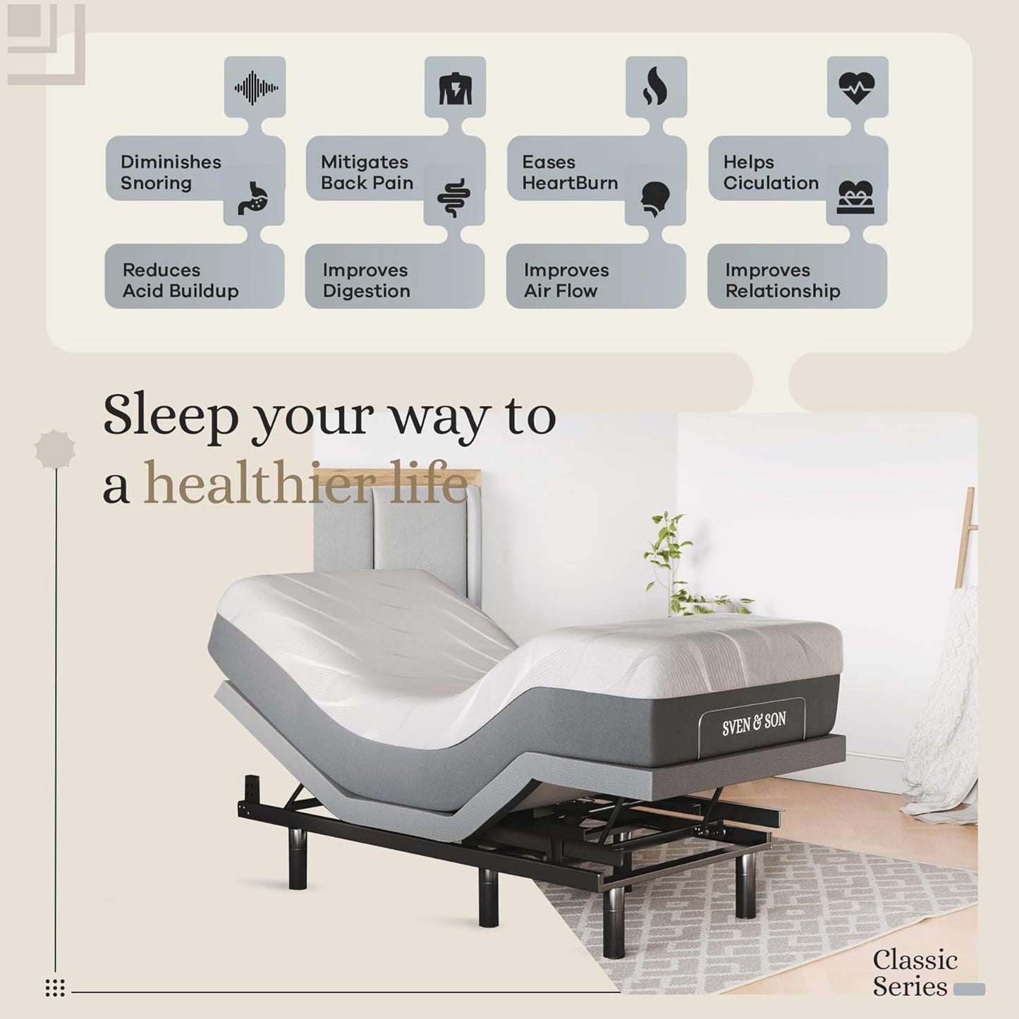 Classic Adjustable Bed Base with Head and Foot Lift, Massage Function, Under-Bed Lighting, USB Ports, Gel Memory Foam, Zero Gravity Smart Frame - Twin XL with 14-Inch Medium Soft Hybrid Spring Mattress