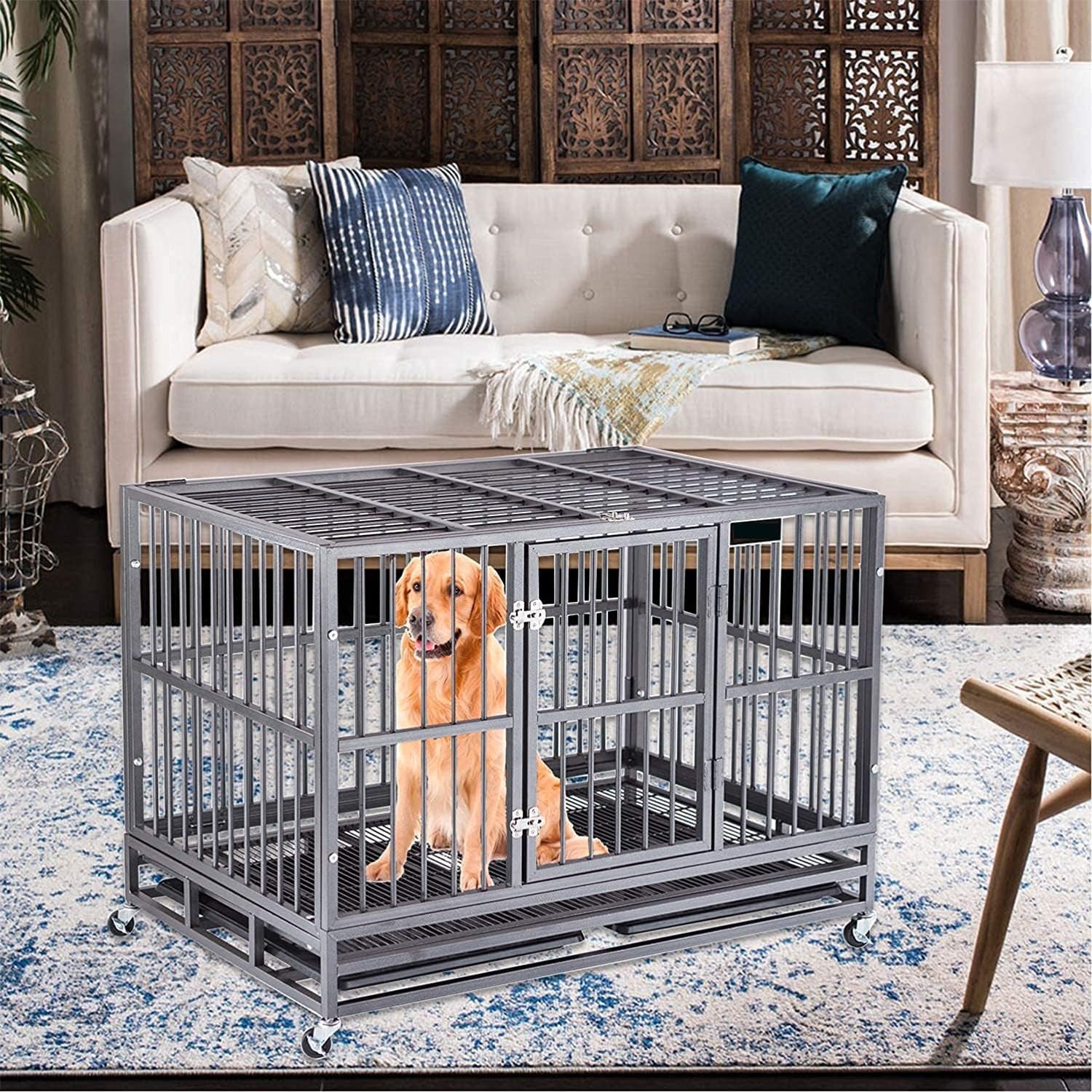 46-Inch Heavy-Duty Indestructible Dog Crate with Wheels, Escape-Proof Kennel for Large Dogs, Extra Large XXL Indoor Dog Crate with Secure Lock and Double Door Removable Tray