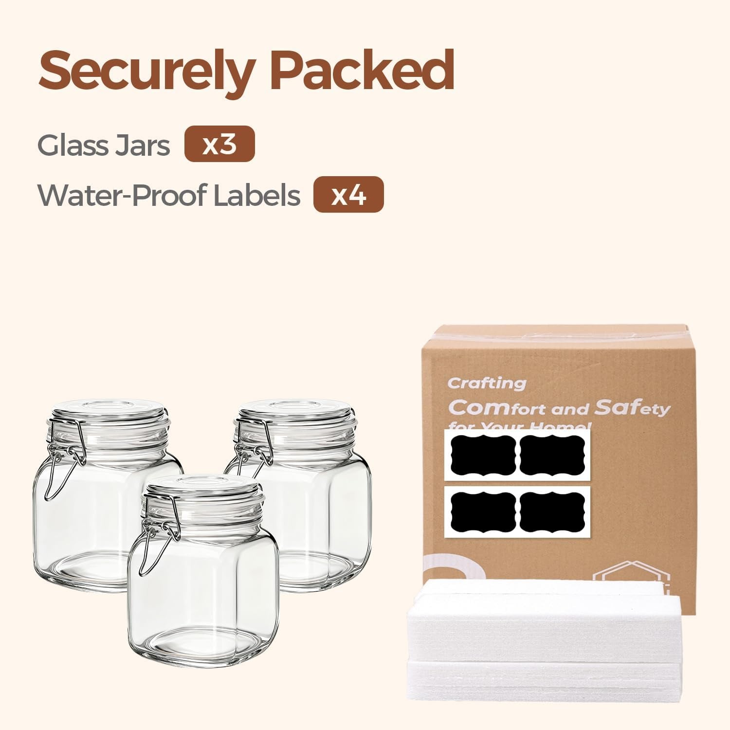 Airtight Glass Canister Set of 3 with Lids 34Oz Food Storage Jar Square - Storage Container with Clear Preserving Seal Wire Clip Fastening for Kitchen Canning Cereal,Pasta,Sugar,Beans,Spice