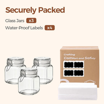 Airtight Glass Canister Set of 3 with Lids 34Oz Food Storage Jar Square - Storage Container with Clear Preserving Seal Wire Clip Fastening for Kitchen Canning Cereal,Pasta,Sugar,Beans,Spice