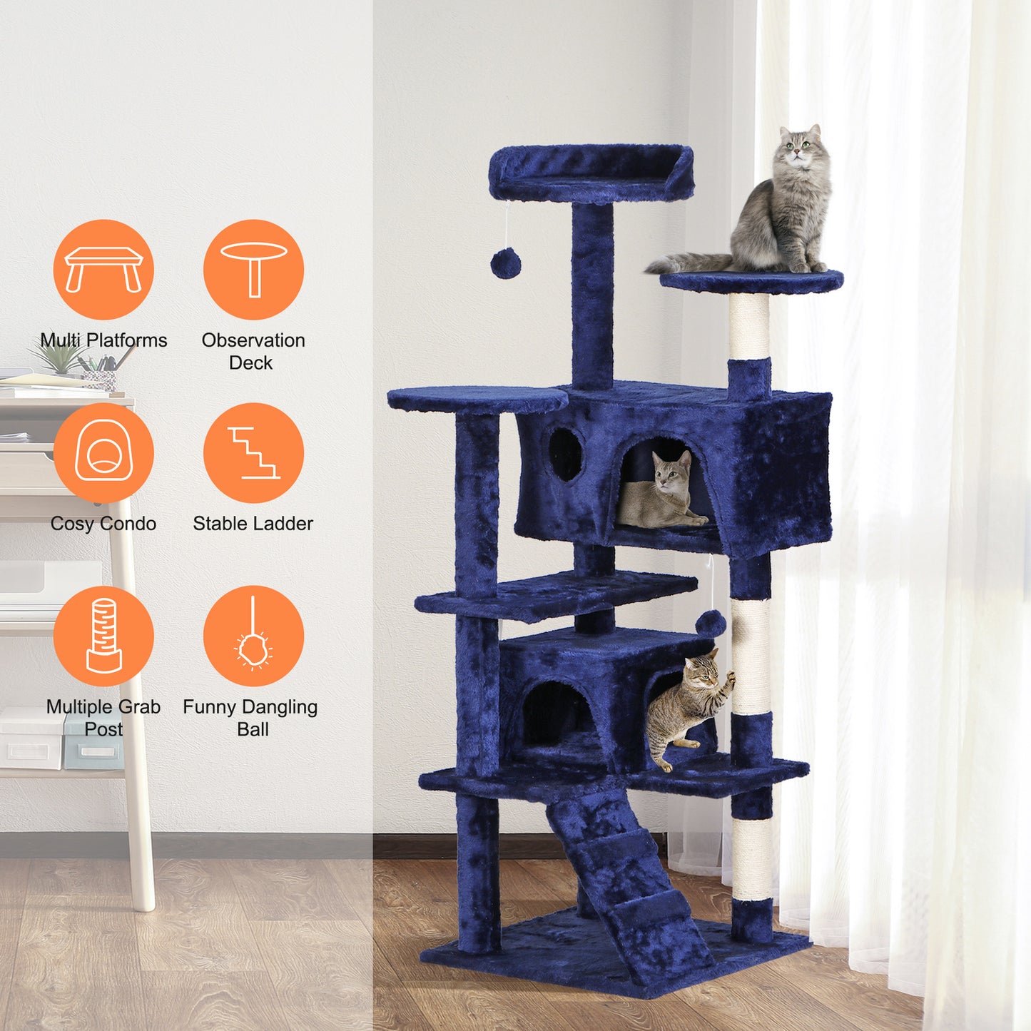 55-Inch Multi-Level Cat Tree Tower Activity Center with Condo - Available in 6 Colors