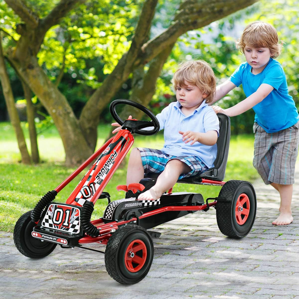 Kids' Off-Road Go Kart with Adjustable Seat, Safety Brakes, EVA Tires, and Steering Wheel - Red