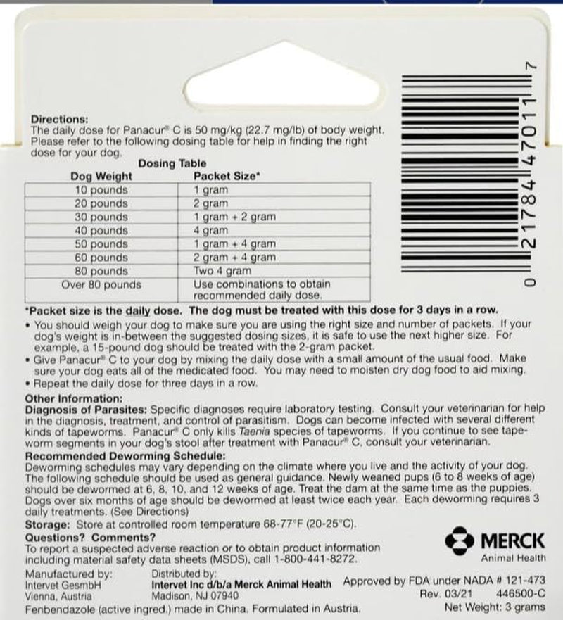Panacur C Canine Dewormer - 3 Pack for Roundworms, Hookworms, and Whipworms