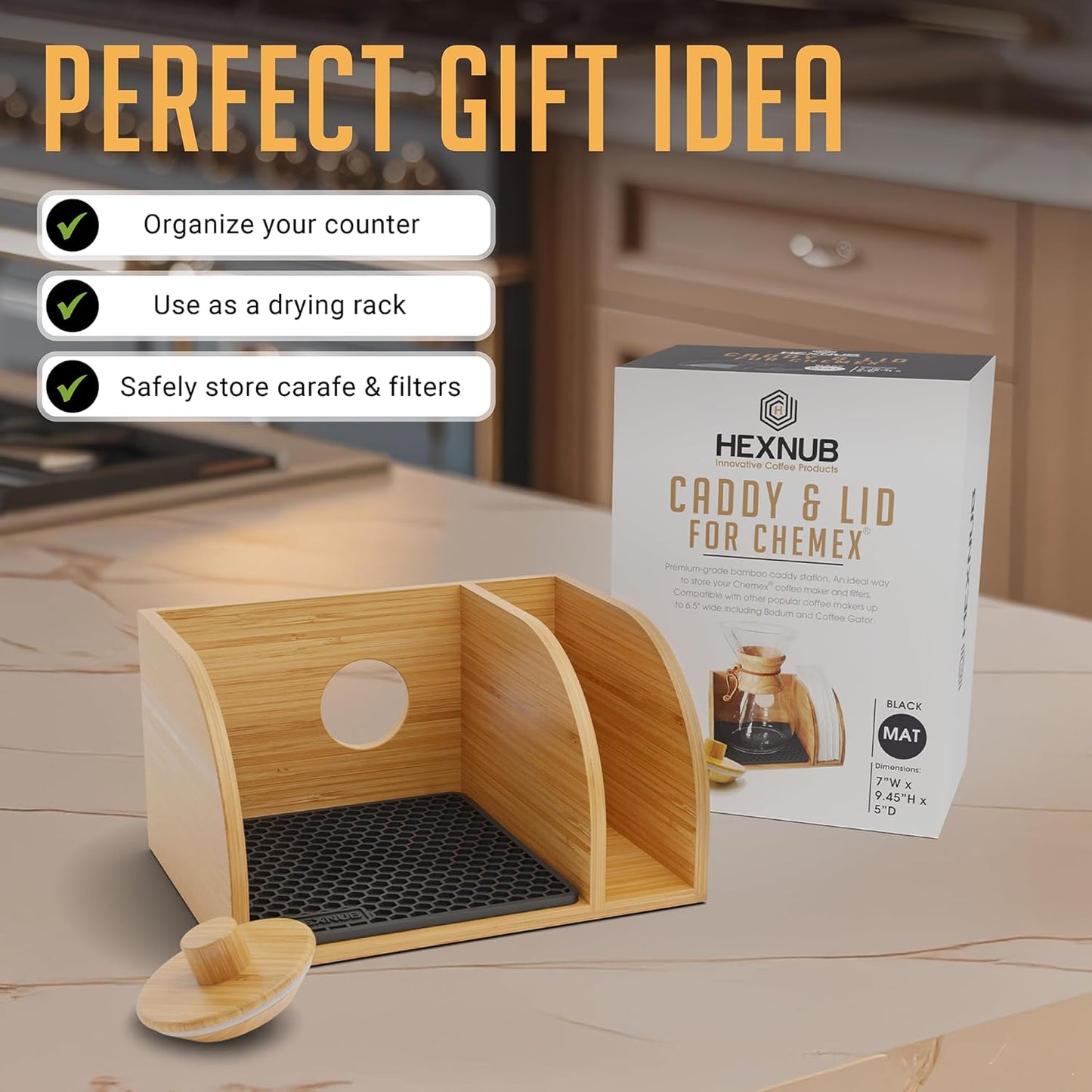 Caddy and Lid for Pour over Coffee Maker, Bamboo Stand Fits Chemex, Bodum, Cosori Coffee Carafes, Heatproof Mat, Filter Holder - Black Mat