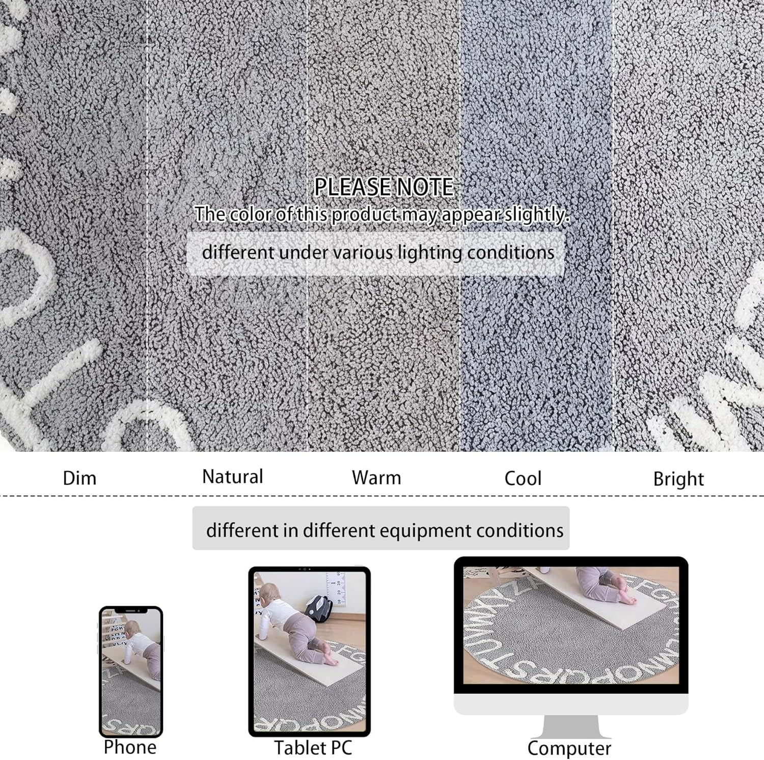 ABC Kids Rug - 59-Inch Round Cotton Alphabet Carpet in Grey and White, Soft and Educational for Playroom and Nursery