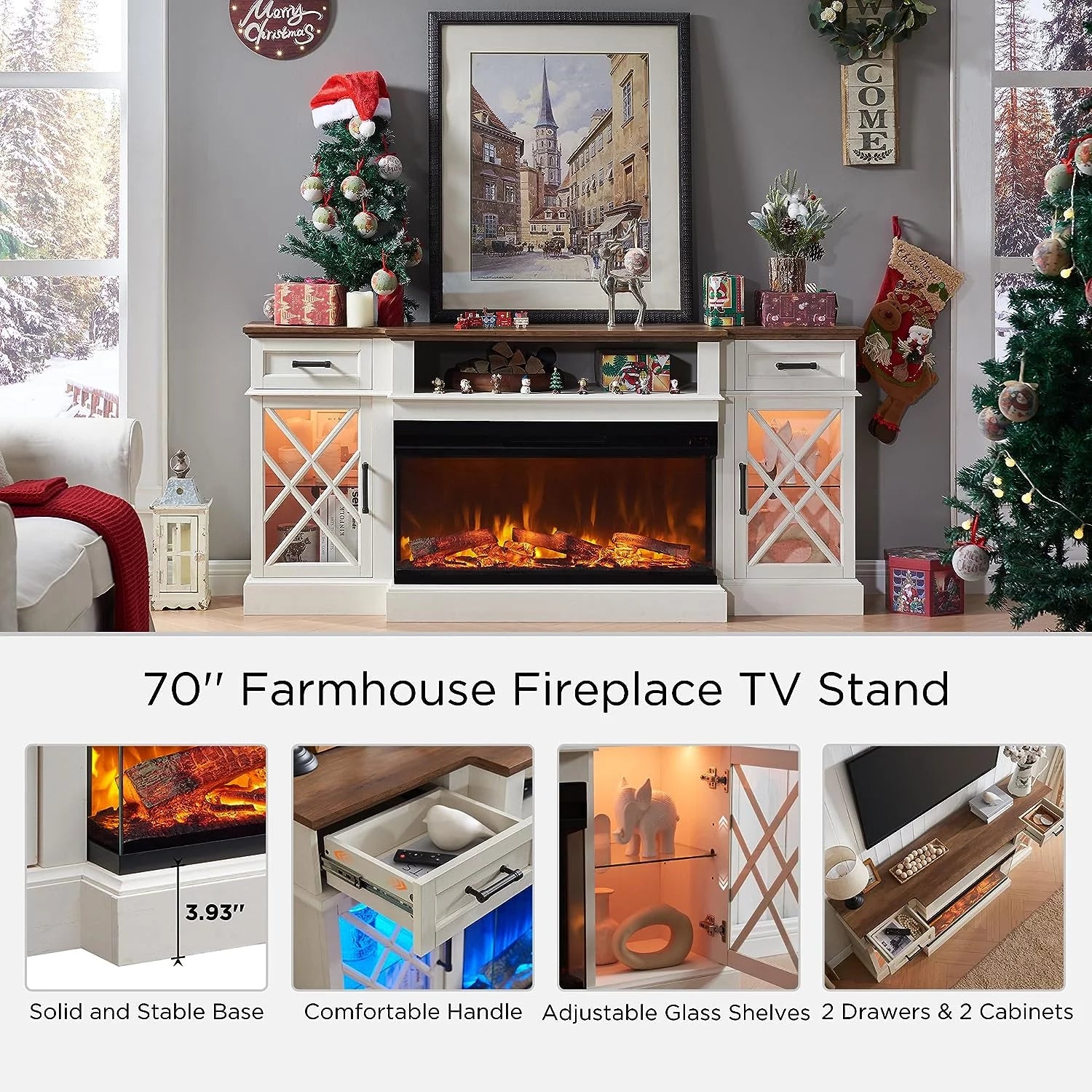 Farmhouse 3-Sided TV Stand with Electric Fireplace for 80" TVs, 70" Entertainment Center with Storage Drawers in Antique White