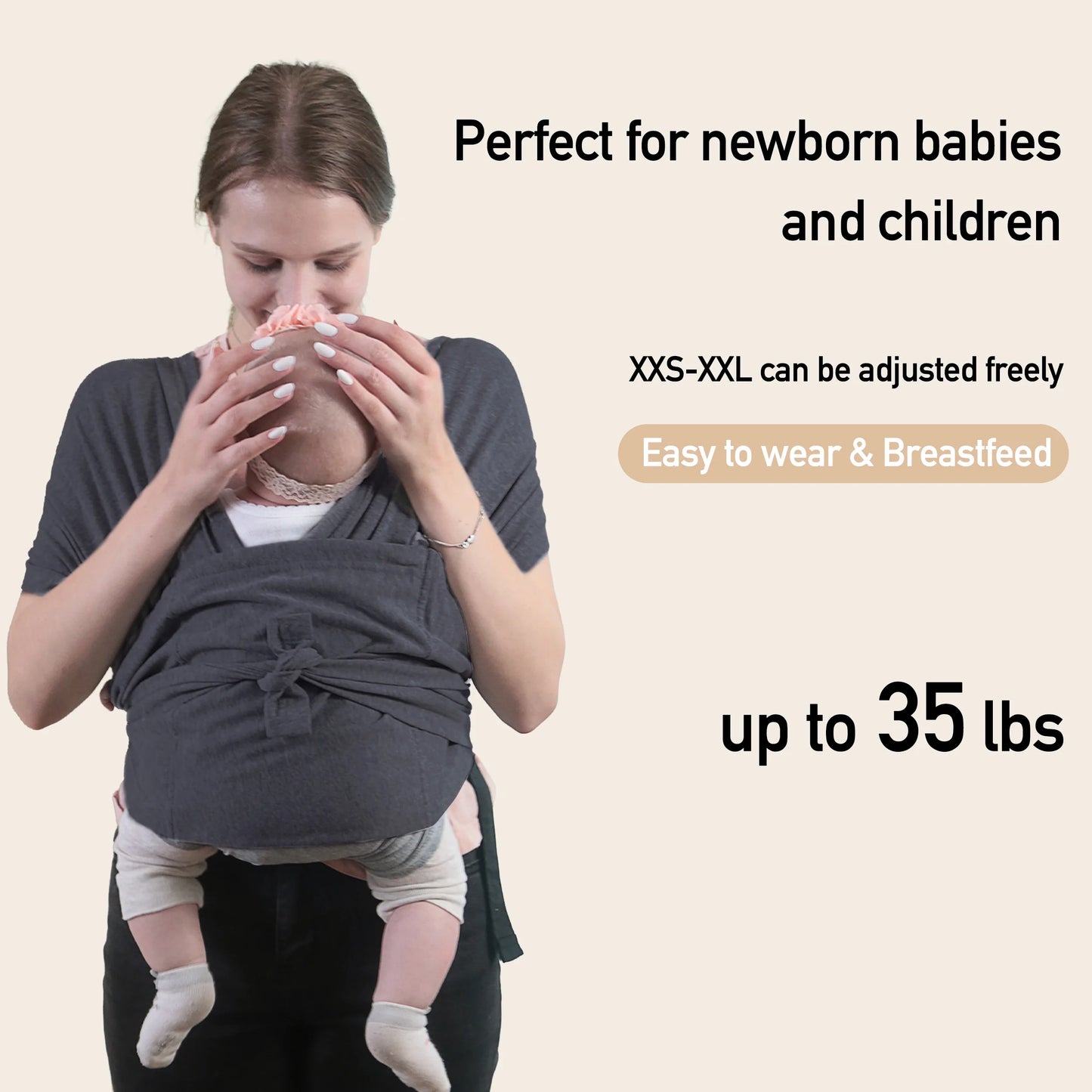 Organic Cotton Infant and Toddler Wrap Carrier in Dark Gray, Supports Weights Up to 35 lbs