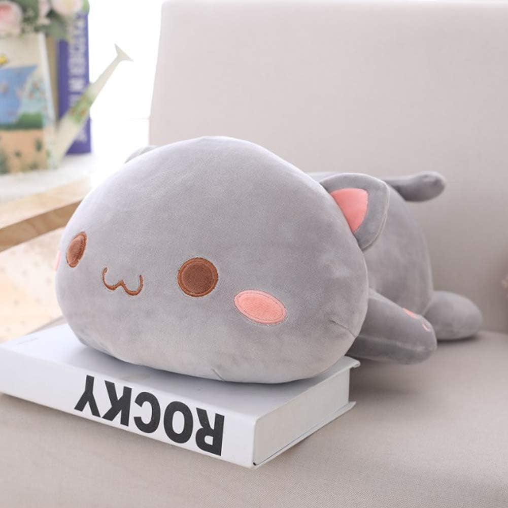 Soft Plush Cat Pillow Toy - 19.6" Kitten Stuffed Animal Gift for Kids (Grey with Round Eyes)