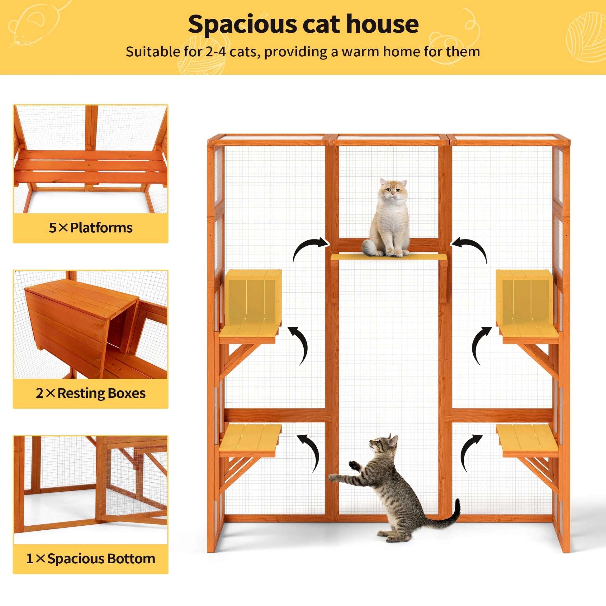 Large Wooden Cat Enclosure Catio Cat Cage Outdoor Pet House Small Animal Hutch, Orange