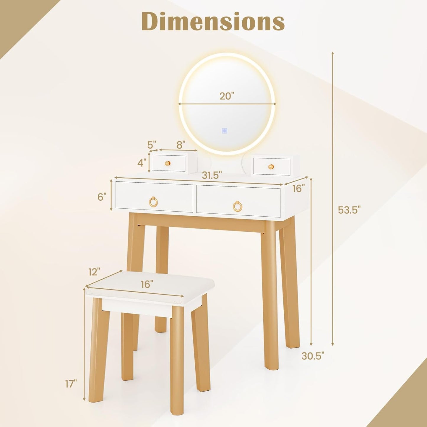 Modern White Vanity Desk with Mirror and Adjustable Lighting, Featuring 4 Drawers and Stool for Small Bedrooms