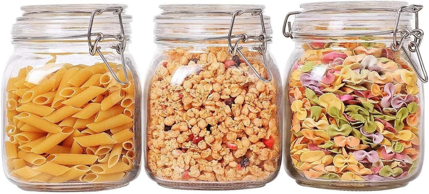 Airtight Glass Canister Set of 3 with Lids 34Oz Food Storage Jar Square - Storage Container with Clear Preserving Seal Wire Clip Fastening for Kitchen Canning Cereal,Pasta,Sugar,Beans,Spice