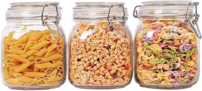 Airtight Glass Canister Set of 3 with Lids 34Oz Food Storage Jar Square - Storage Container with Clear Preserving Seal Wire Clip Fastening for Kitchen Canning Cereal,Pasta,Sugar,Beans,Spice