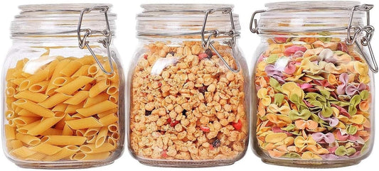Airtight Glass Canister Set of 3 with Lids 34Oz Food Storage Jar Square - Storage Container with Clear Preserving Seal Wire Clip Fastening for Kitchen Canning Cereal,Pasta,Sugar,Beans,Spice
