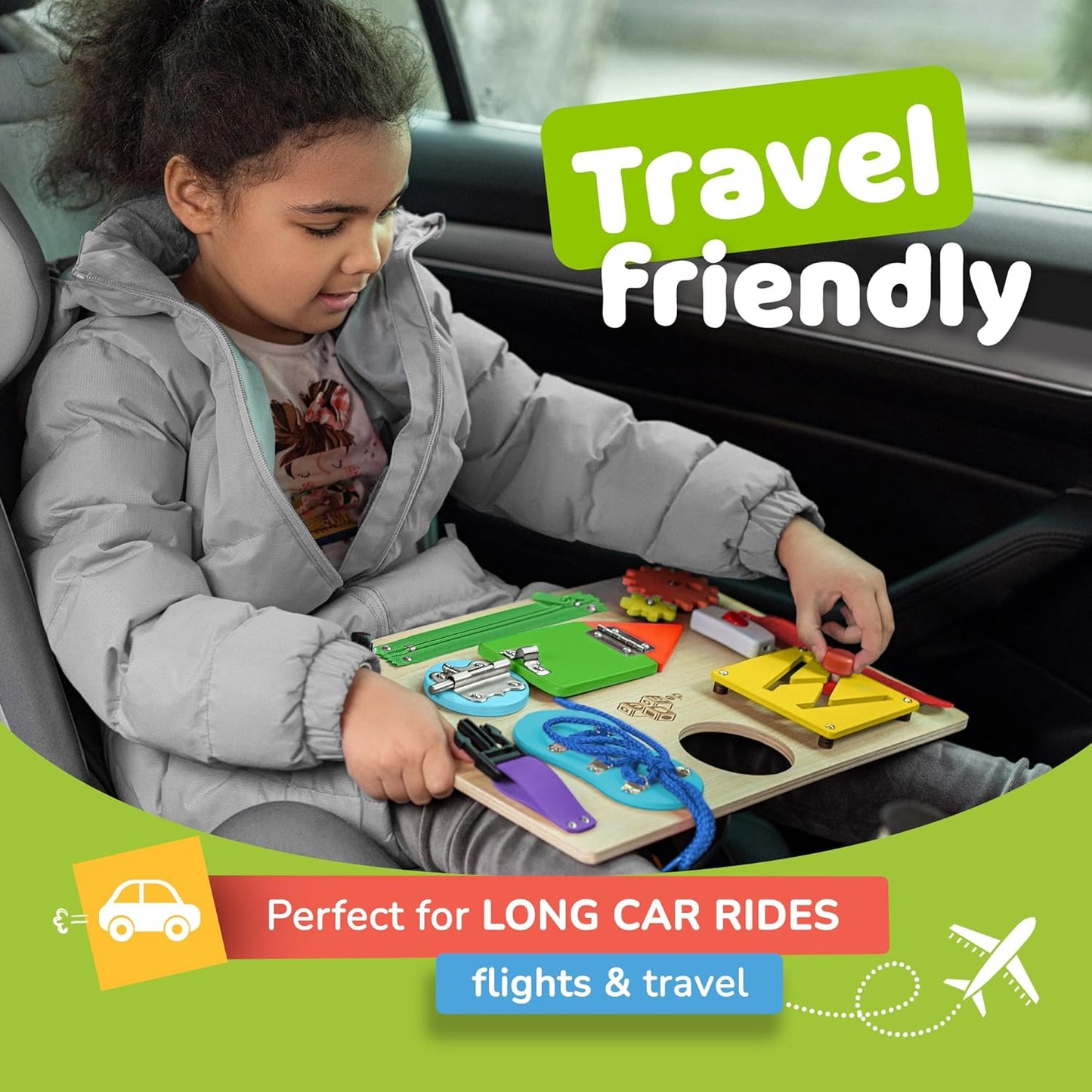Premium Wooden Sensory Busy Board for Toddlers Aged 1-3, Featuring 10 Educational Activities to Enhance Fine Motor Skills and Ideal for Travel