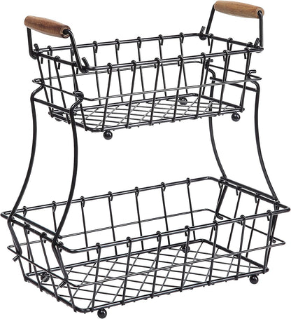 2-Tier Rectangle Countertop Fruit, Bread Wire Basket (Black, Metal)