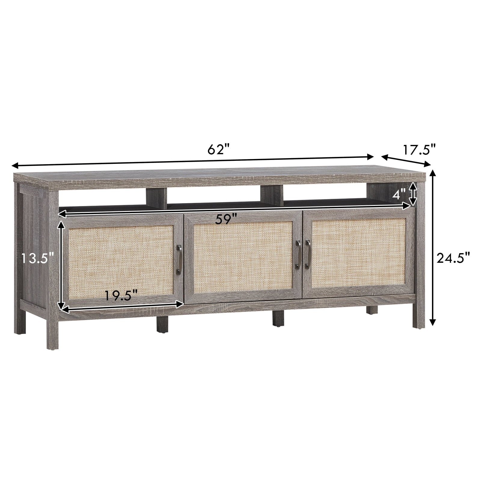 Universal Television Stand Cabinet Media Console with Three Rattan Doors in Grey
