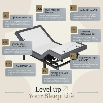 Classic Adjustable Bed Base with Head and Foot Lift, Massage Function, Under-Bed Lighting, USB Ports, Gel Memory Foam, Zero Gravity Smart Frame - Twin XL with 14-Inch Medium Soft Hybrid Spring Mattress