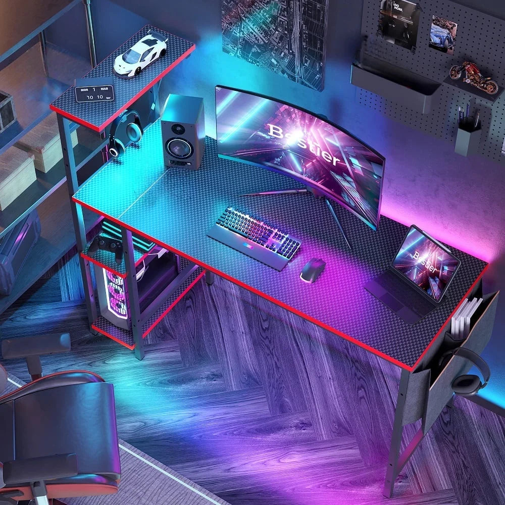 52-Inch Gaming Desk with LED Lighting and Reversible Storage Shelves, Carbon Fiber Computer Desk with Side Storage Bag for Home and Office