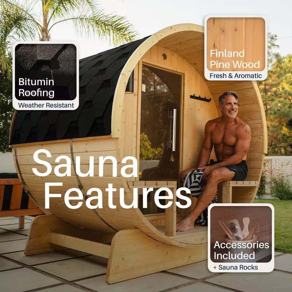 Finland Pine Wet/Dry Barrel Sauna for 3-5 Persons with Front Porch Canopy and 4.5 kW ETL Certified Bitumen Shingle Roof