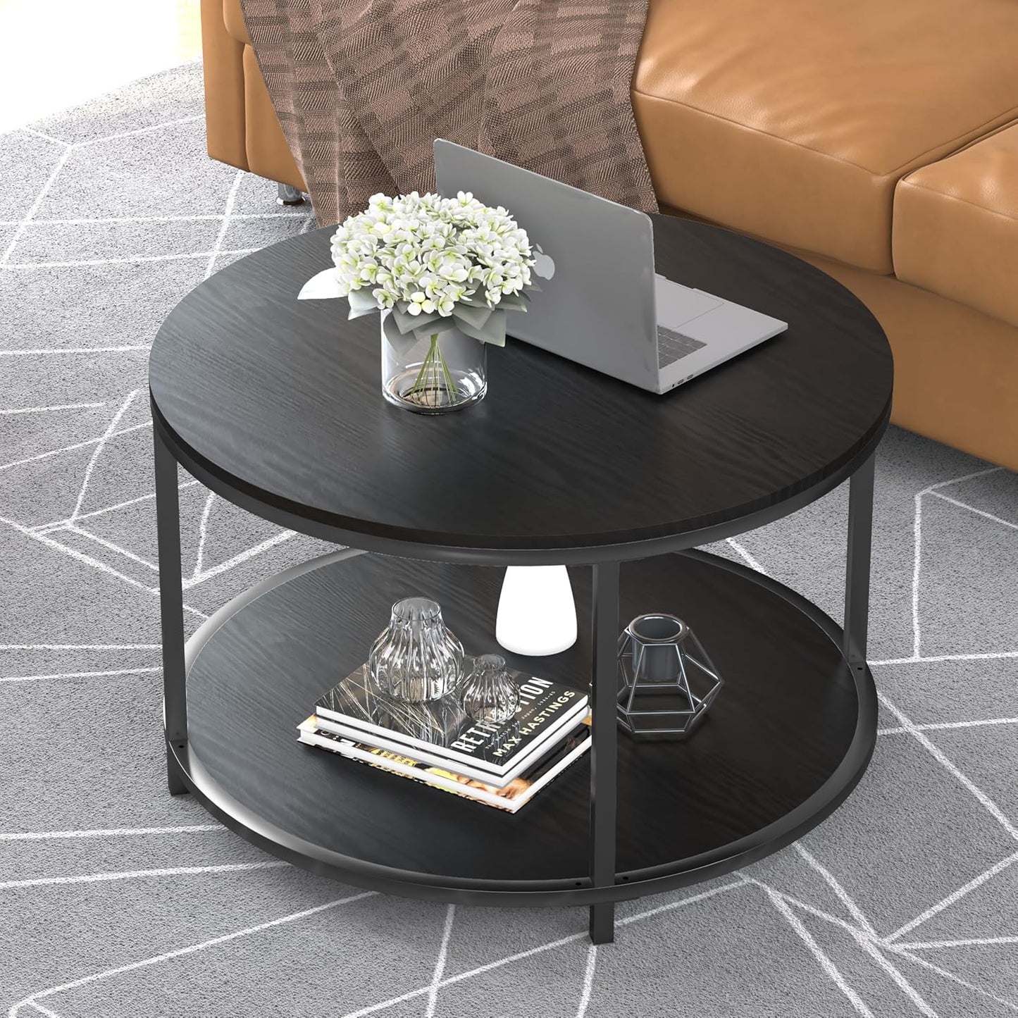 Round Coffee Table - 25.6" Small Rustic Wood Design with 2-Tier Storage Shelf for Living Room Furniture (Black)