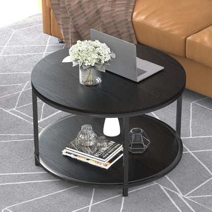 Round Coffee Table - 25.6" Small Rustic Wood Design with 2-Tier Storage Shelf for Living Room Furniture (Black)