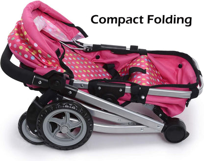 Foldable Baby Doll Stroller with Polka Dot Design, Swiveling Wheels, and Adjustable Handle