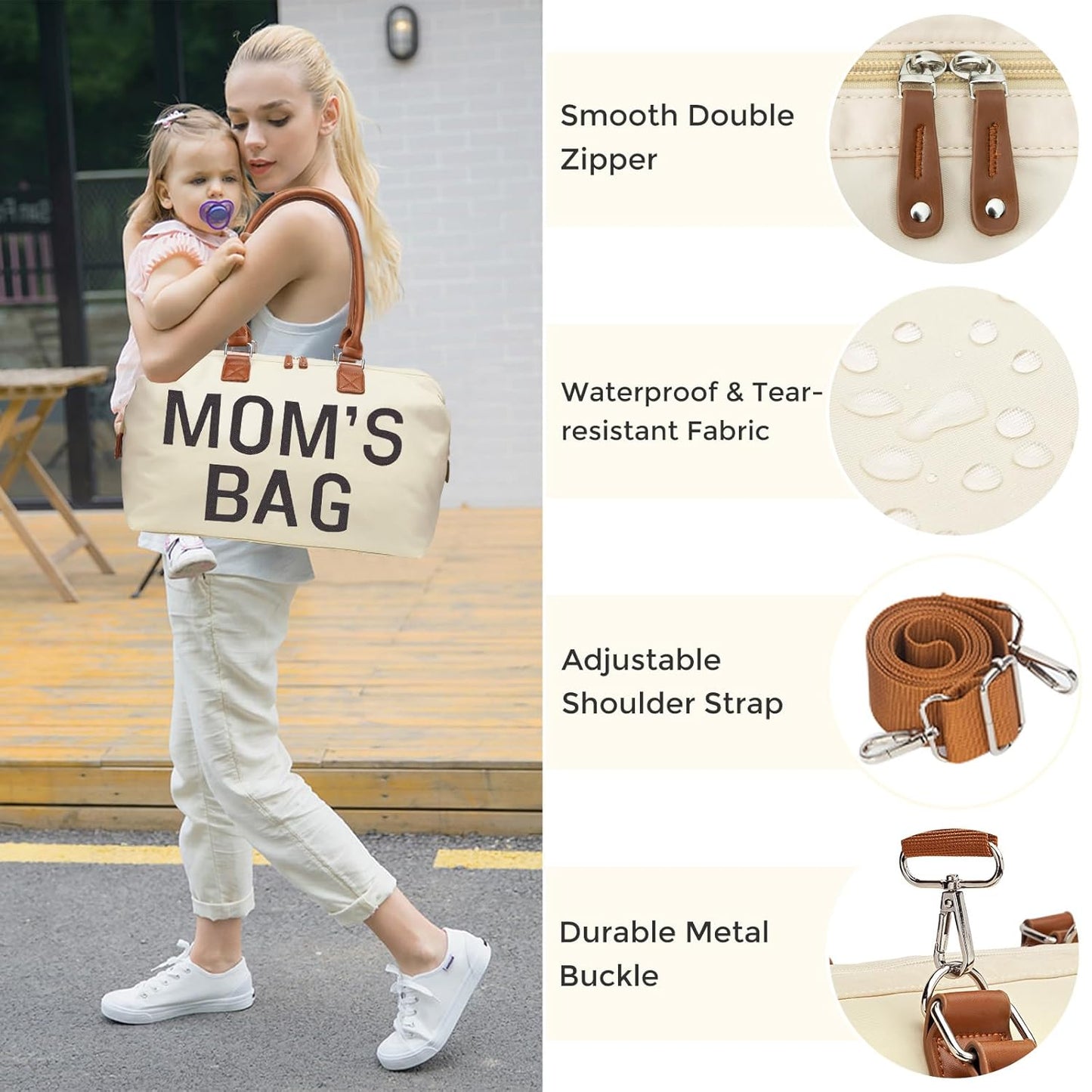 Premium Waterproof Diaper Tote Bag for Hospital and Travel in Cream White