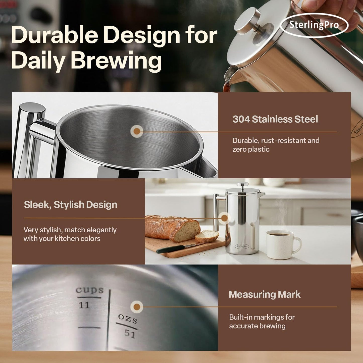 Stainless Steel French Press Coffee Maker Large 1.5 L(51 Oz) Mirror – Durable Double Walled Insulated Coffee Press Keeps Drinks Hot, Easy to Use and Clean Stylish Design for Rich Flavor