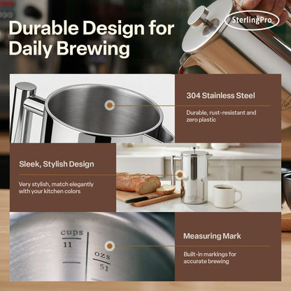 Stainless Steel French Press Coffee Maker Large 1.5 L(51 Oz) Mirror – Durable Double Walled Insulated Coffee Press Keeps Drinks Hot, Easy to Use and Clean Stylish Design for Rich Flavor