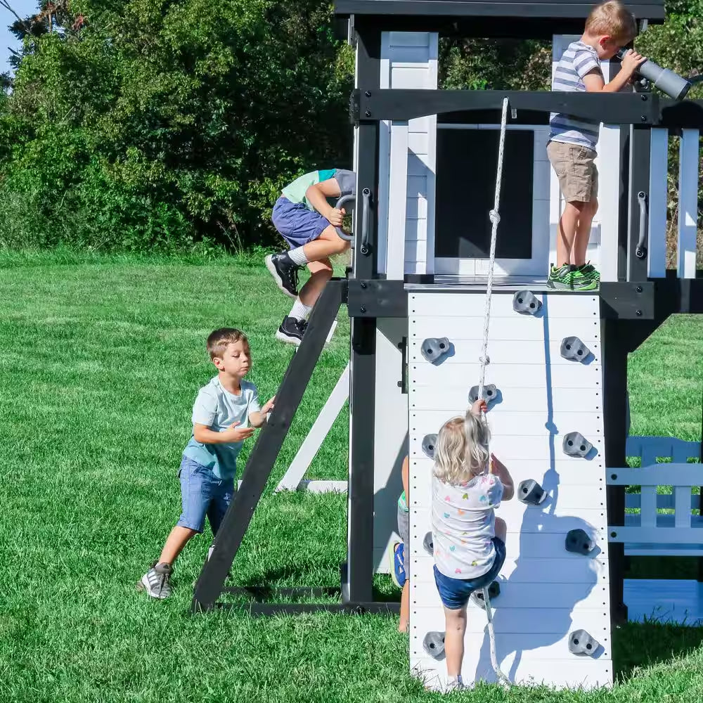 Canyon Creek White Outdoor Kid'S Playground Set W/ Rock Wall, Wave Slide, Web Swing, and Playset Kitchen