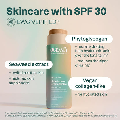 Oceanly Tinted Face Cream Stick with SPF 30, EWG Verified, Plastic-Free, Broad Spectrum UVA/UVB Protection with Zinc Oxide, Universal Tint, Unscented, 1 Ounce