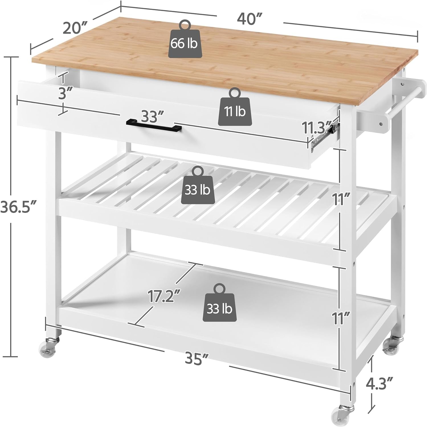 40-Inch Wide Rolling Kitchen Island Cart with Solid Wood Top, Drawer, and 2 Spacious Storage Shelves - Versatile Utility Trolley for Dining Room, White