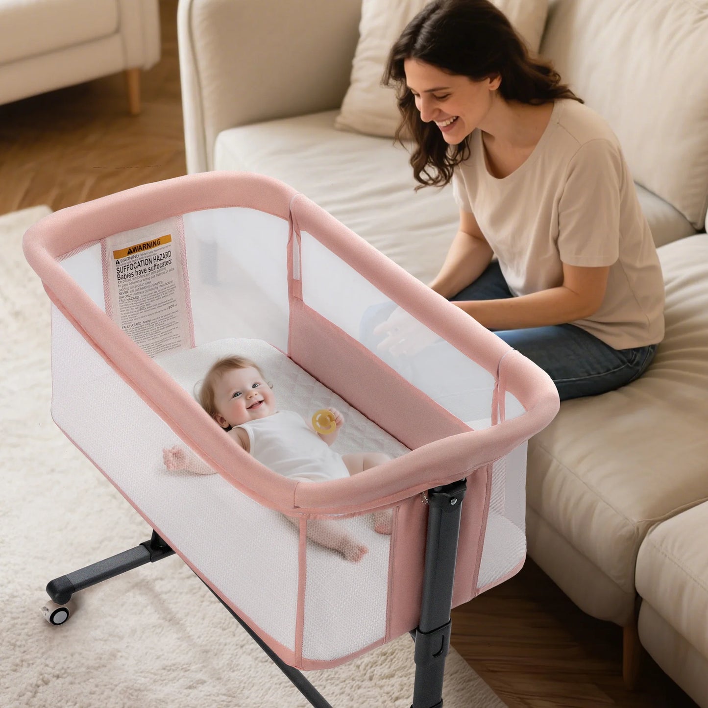 Height Adjustable Baby Bassinet with Wheels - Pink Co-Sleeper for Newborns