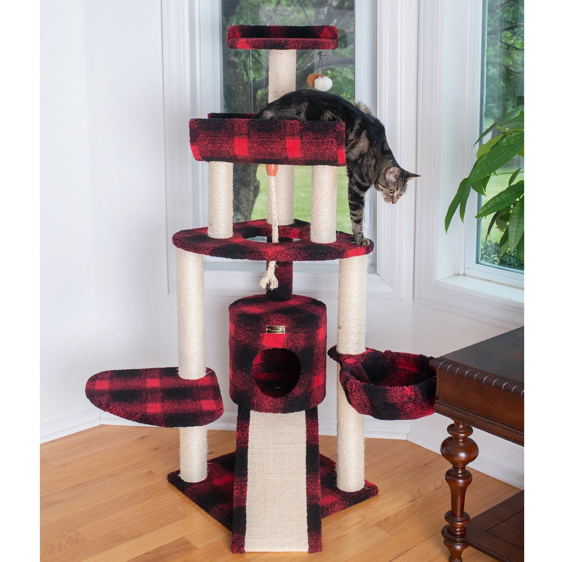 Real Wood Cat Tree Model B5806, Black & Red Tartan Plaid