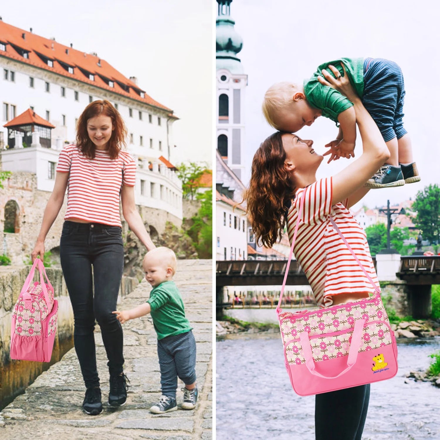 Sophisticated 5-Piece Insulated Baby Diaper Tote Set Featuring Messenger Bag, Handbag, and Food/Bottle Bag in Pink