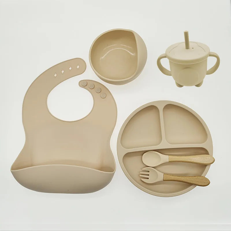 Children's Silicone Tableware Set - 6/8-Piece Dining Essentials with Suction Cups, Forks, Spoons, Bibs, Straws, and Cups for Mothers and Babies