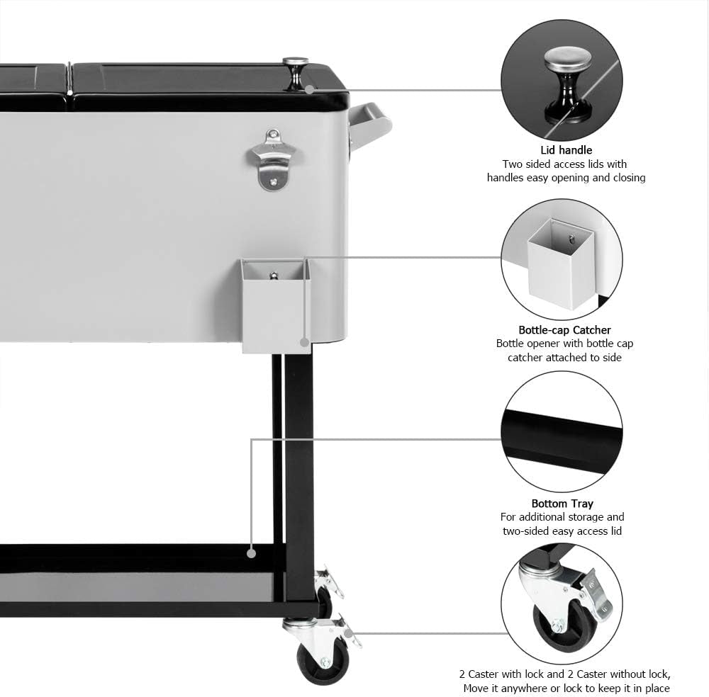 80 Quart Portable Rolling Ice Chest with Shelf and Built-in Bottle Opener for Outdoor Entertaining