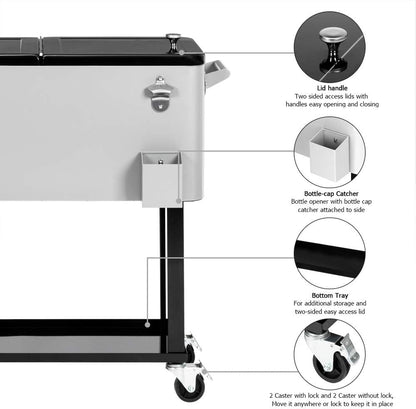 80 Quart Portable Rolling Ice Chest with Shelf and Built-in Bottle Opener for Outdoor Entertaining