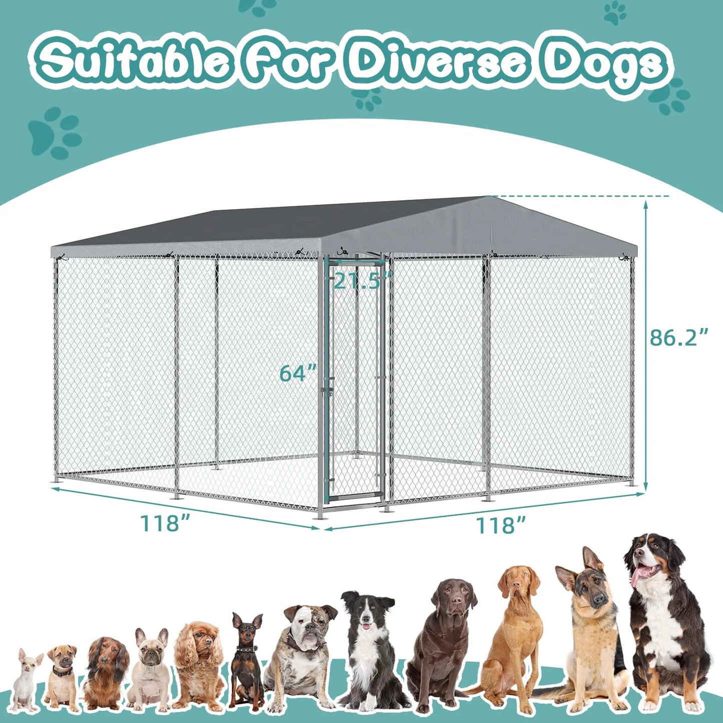 Large Outdoor Dog Kennel, Heavy Duty Dog House Playpen Galvanized Steel Pet Fence with Fully Enclosed Waterproof Uv-Resistant Cover, Stainless Steel Zip Ties and Secure Lock