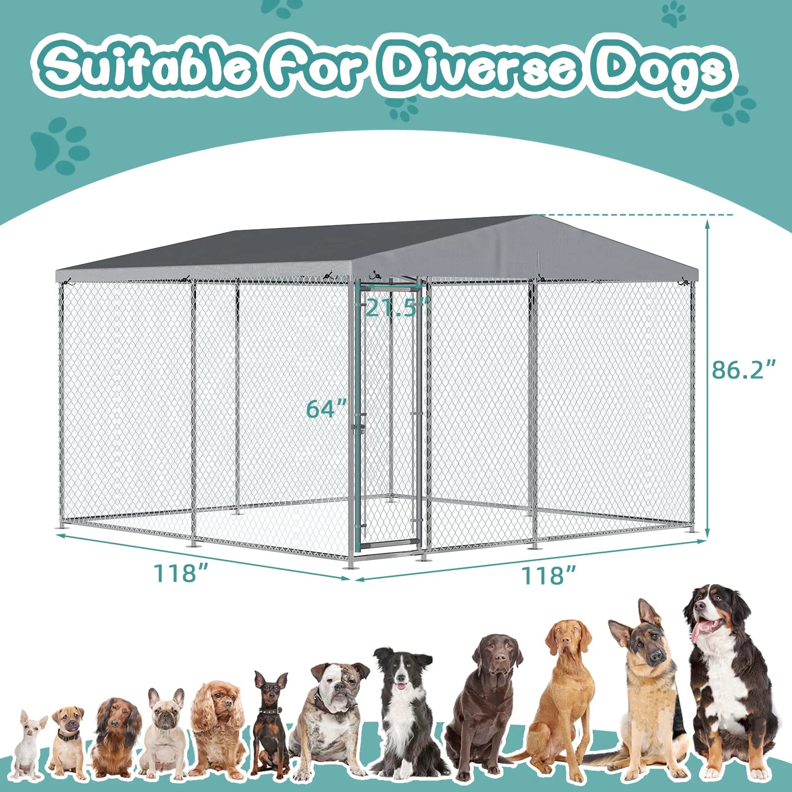 Large Outdoor Dog Kennel, Heavy Duty Dog House Playpen Galvanized Steel Pet Fence with Fully Enclosed Waterproof Uv-Resistant Cover, Stainless Steel Zip Ties and Secure Lock